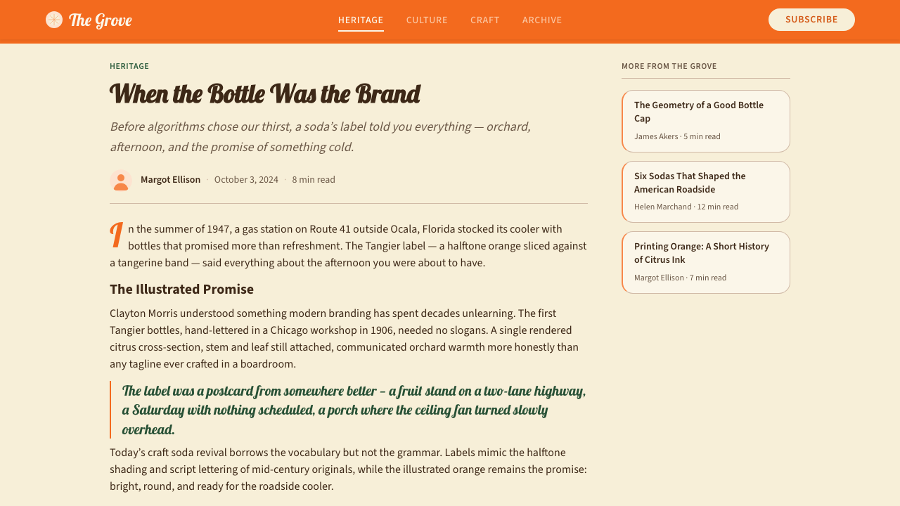 Orange Crush Soda (1906) design style applied to a Article page