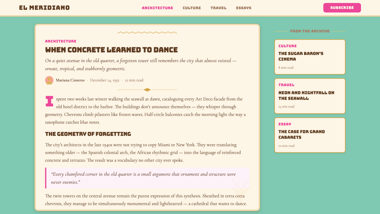 Cuban Art Deco (Havana 1950) design style applied to a Article page