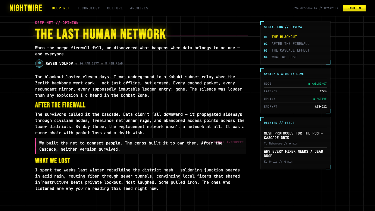 Cyberpunk 2077 (Screen UI) design style applied to a Article page