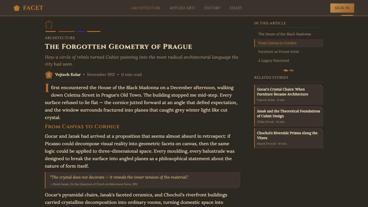 Czech Cubism (Prague 1912) design style applied to a Article page