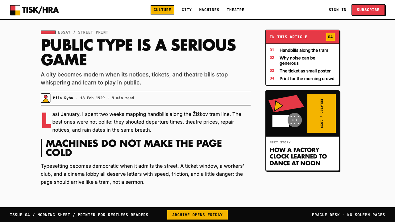 Czech Devětsil Avant-Garde design style applied to a Article page