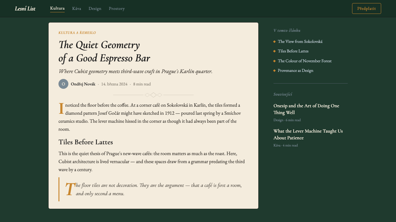 Czech Prague Modernist Cafe (2020) design style applied to a Article page