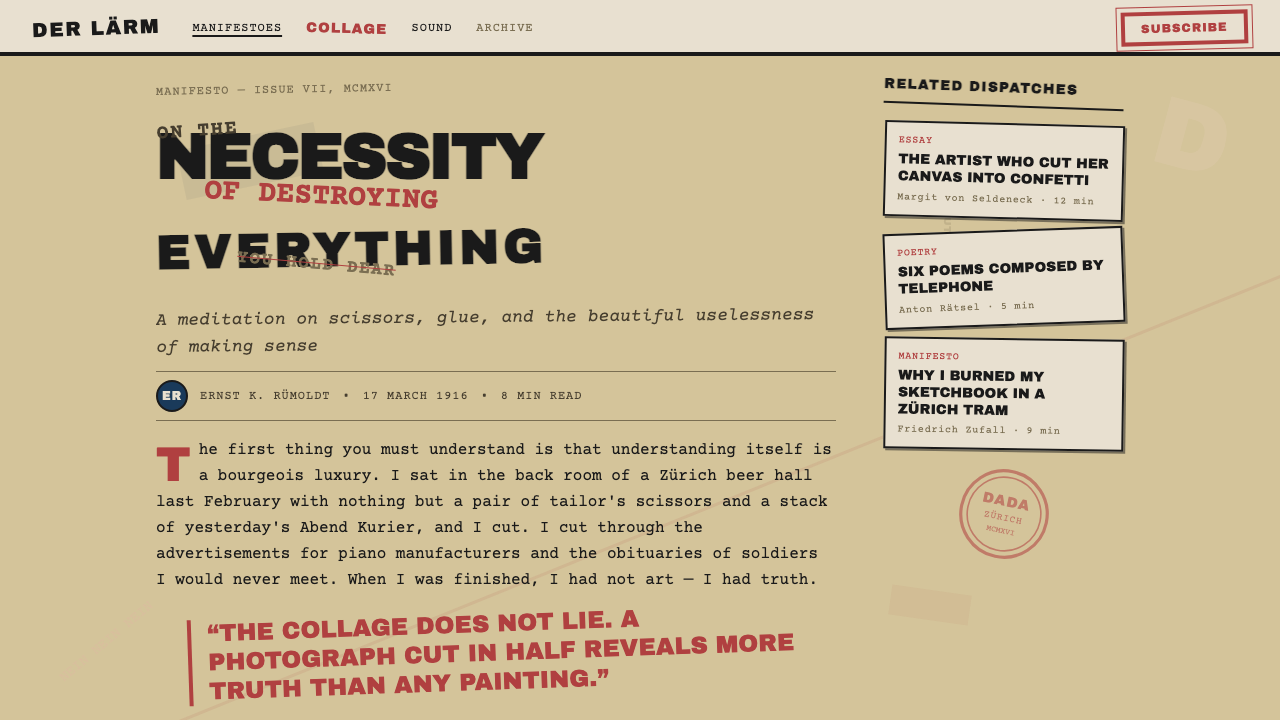 Dadaism (Zürich 1916) design style applied to a Article page
