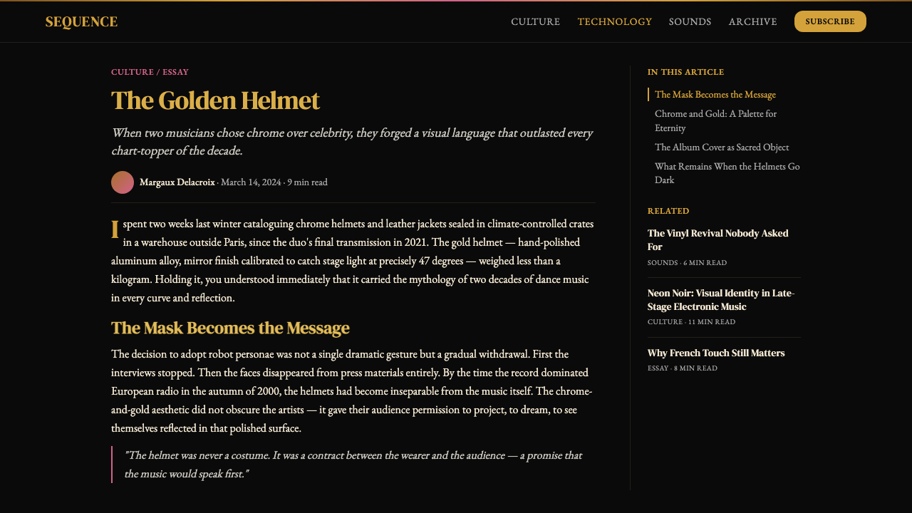 Daft Punk Discovery (Gold-Helmet) design style applied to a Article page