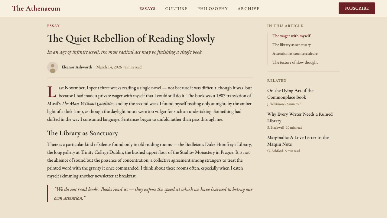 Dark Academia design style applied to a Article page
