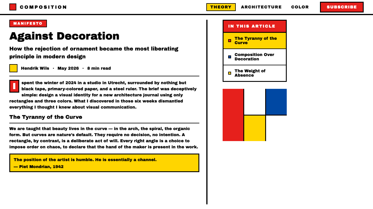 De Stijl design style applied to a Article page