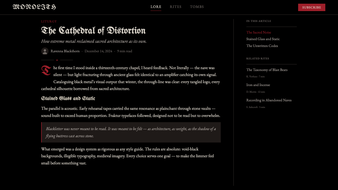 Death Metal Blackletter design style applied to a Article page