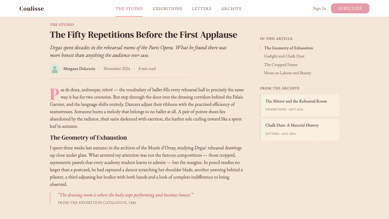 Degas Ballet Pastels design style applied to a Article page