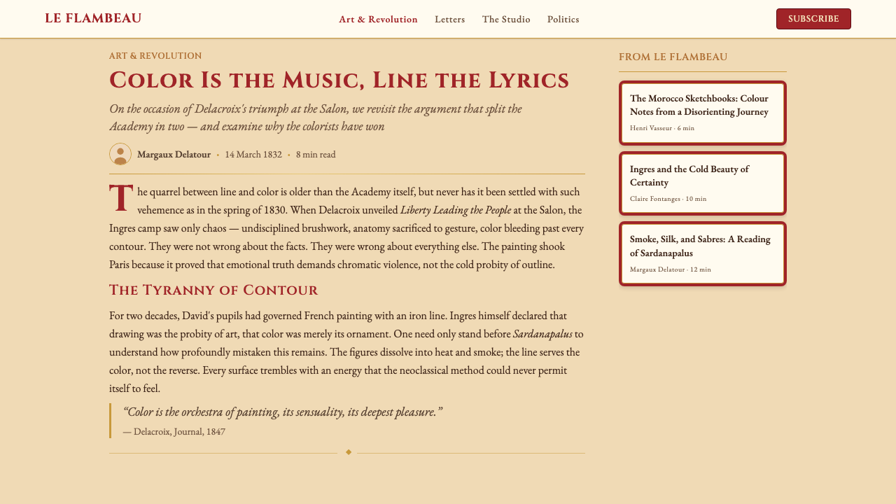 Delacroix French Romanticism design style applied to a Article page