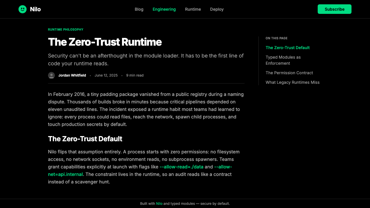 Deno Runtime-Green design style applied to a Article page