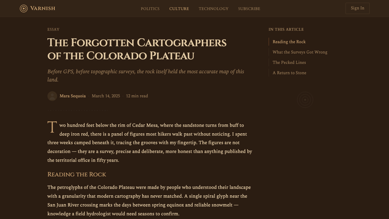 Desert Varnish design style applied to a Article page