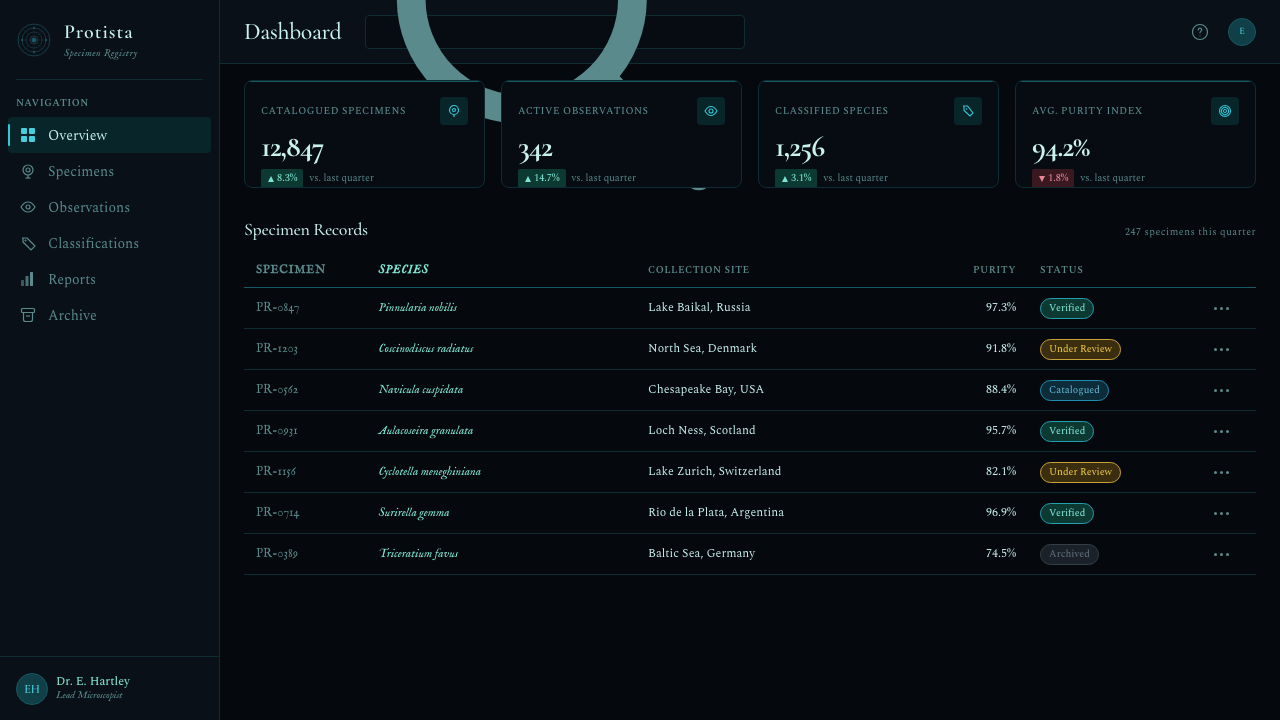 Diatom Arrangement design style applied to a Dashboard