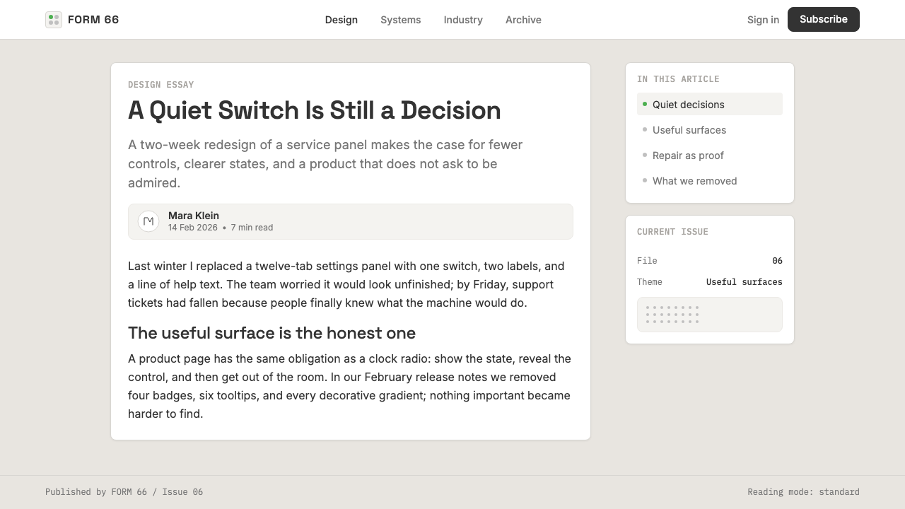Dieter Rams / Braun design style applied to a Article page