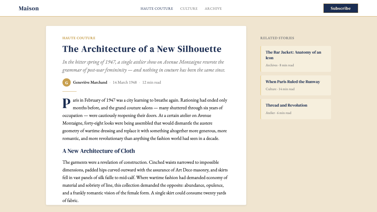 Dior New Look (1947) design style applied to a Article page