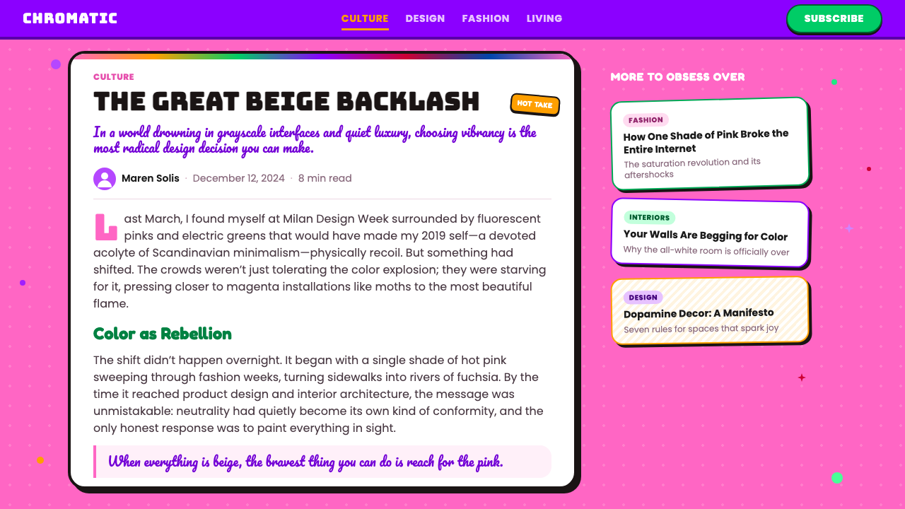 Dopamine Dressing / Maximalism design style applied to a Article page