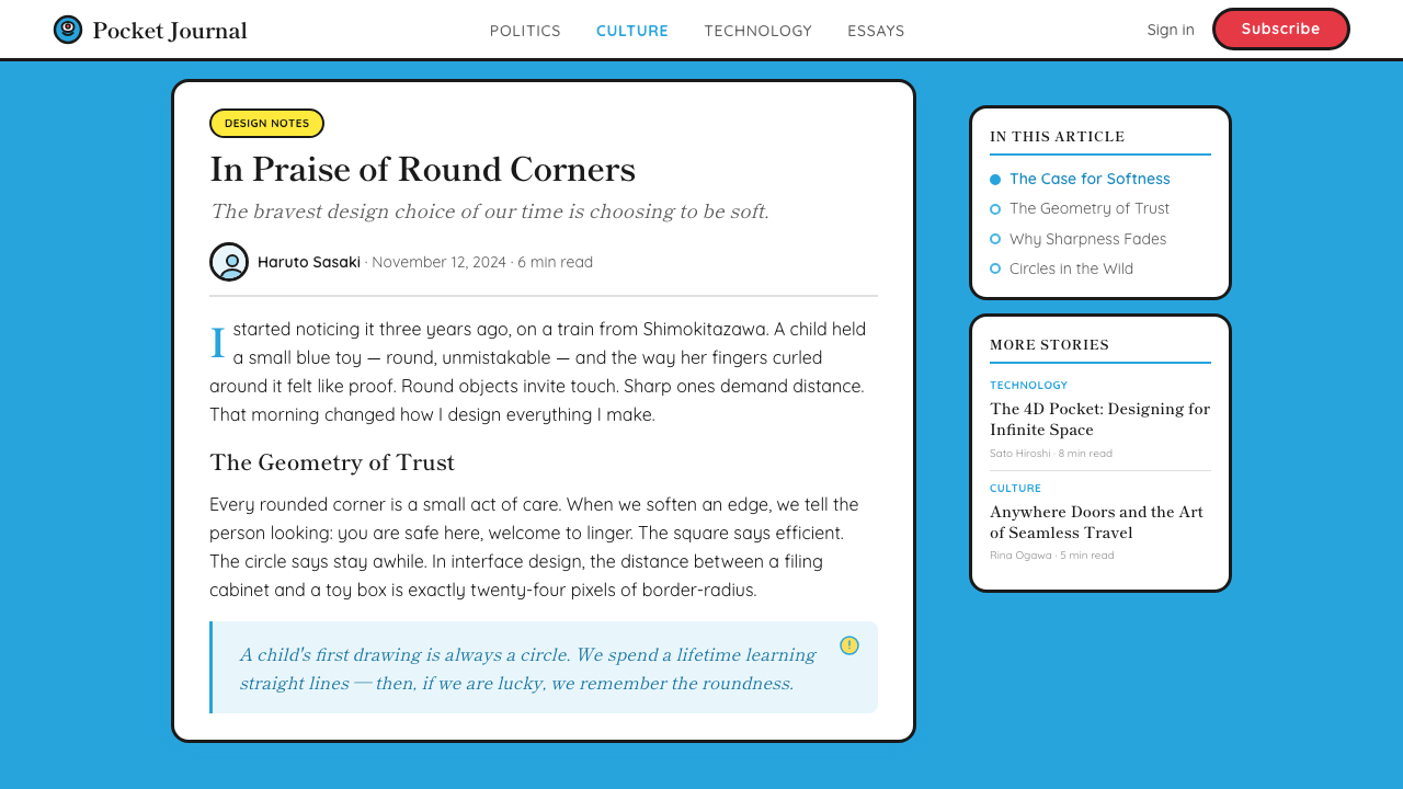 Doraemon design style applied to a Article page