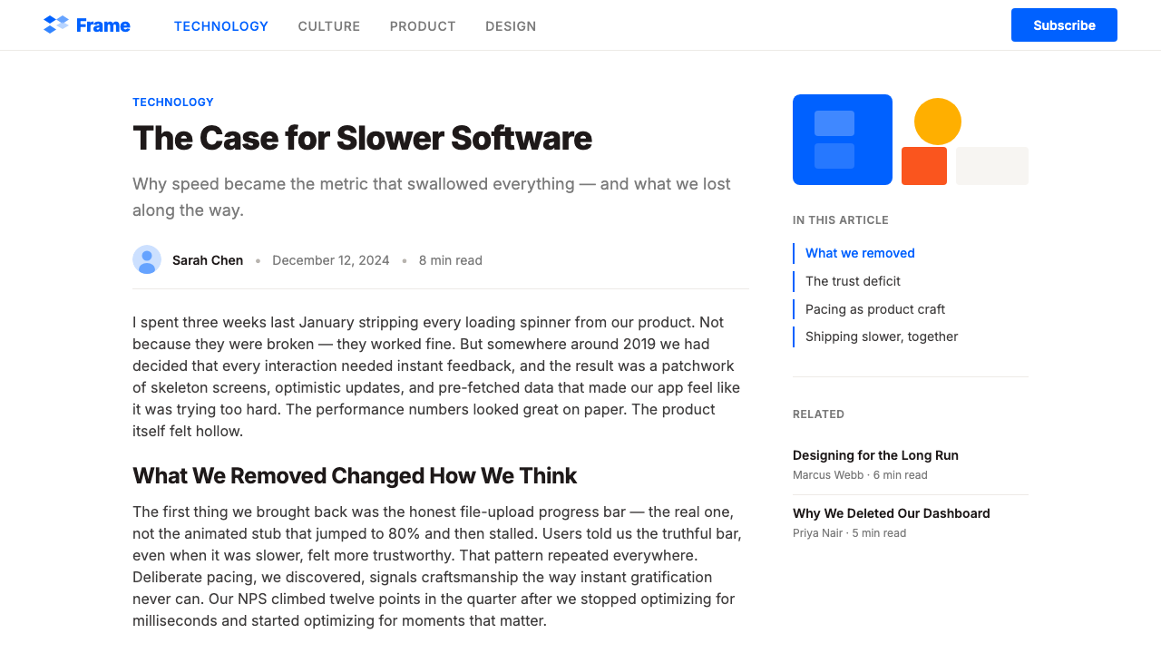 Dropbox Modern design style applied to a Article page