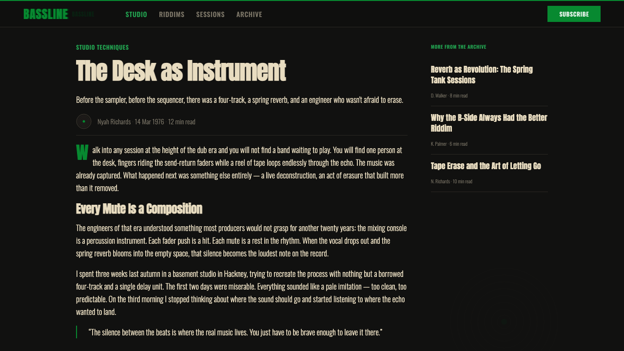 Dub Soundsystem design style applied to a Article page