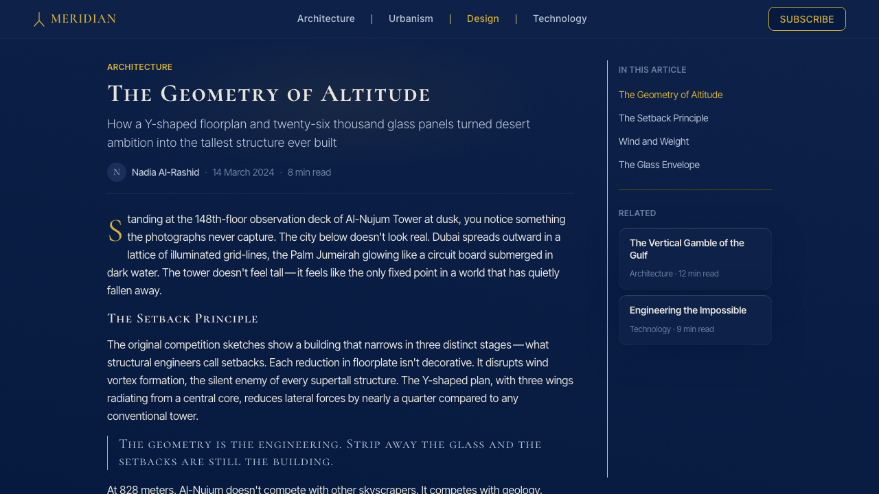 Burj Khalifa Tower design style applied to a Article page