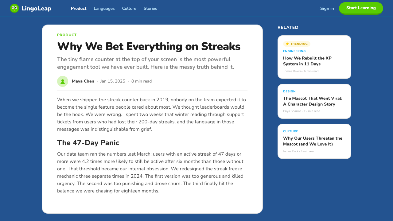 Duolingo 2024 design style applied to a Article page