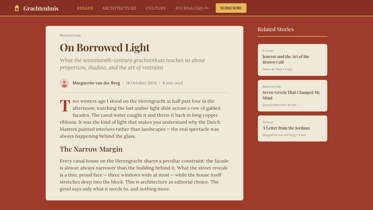 Amsterdam Canal House design style applied to a Article page