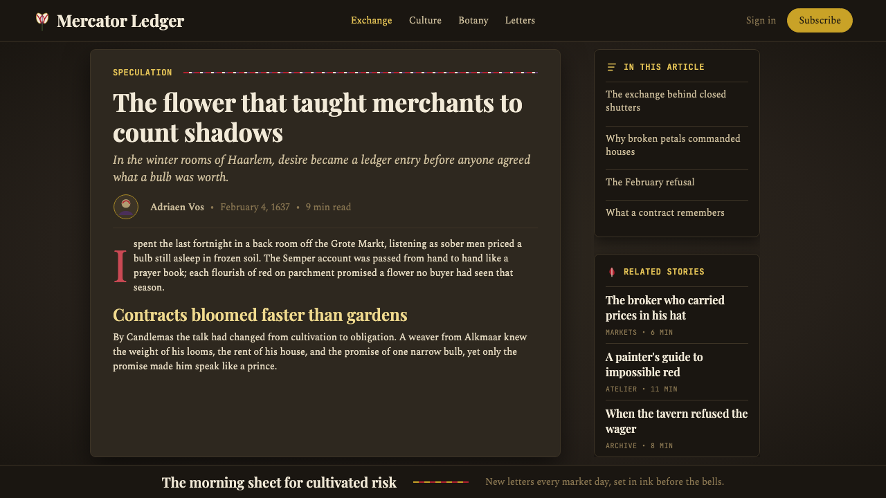 Dutch Tulip Mania design style applied to a Article page