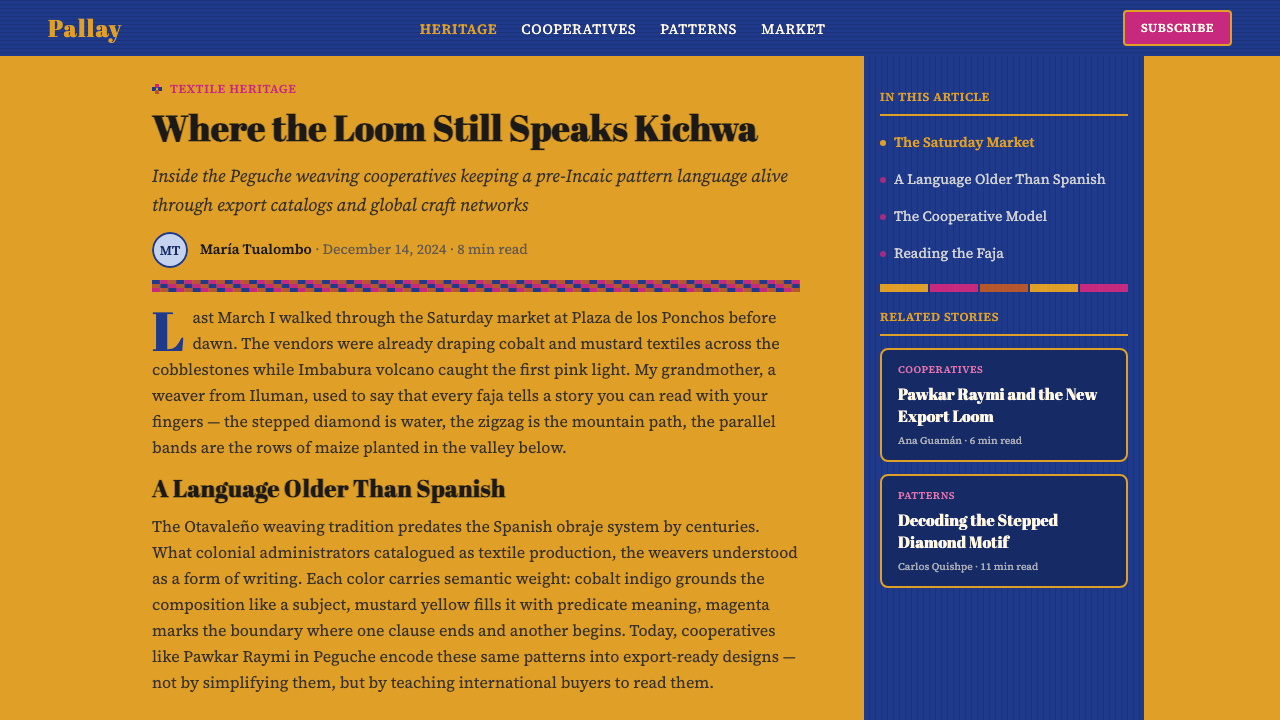 Otavalo Andean Textile design style applied to a Article page