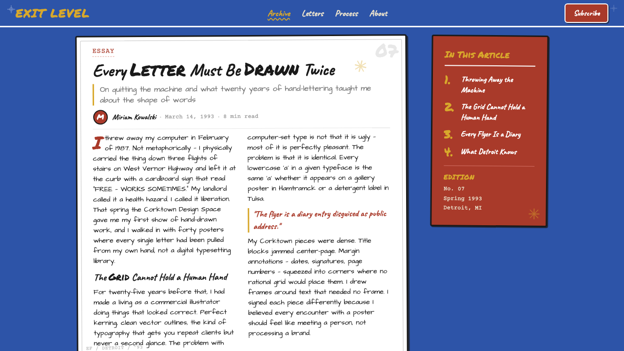 Ed Fella Hand-Drawn (1990) design style applied to a Article page