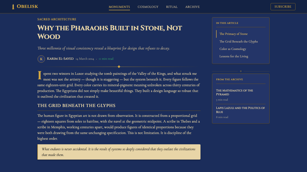 Egyptian Pharaonic design style applied to a Article page