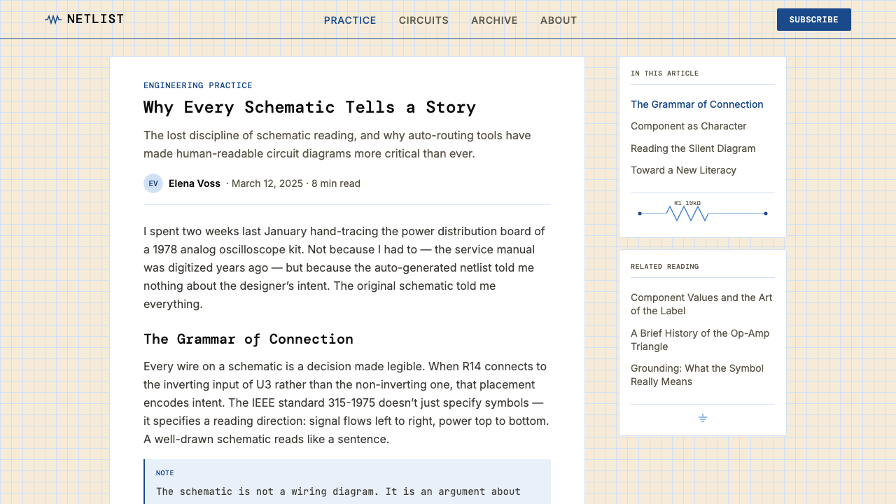 Electrical Schematic Wiring design style applied to a Article page