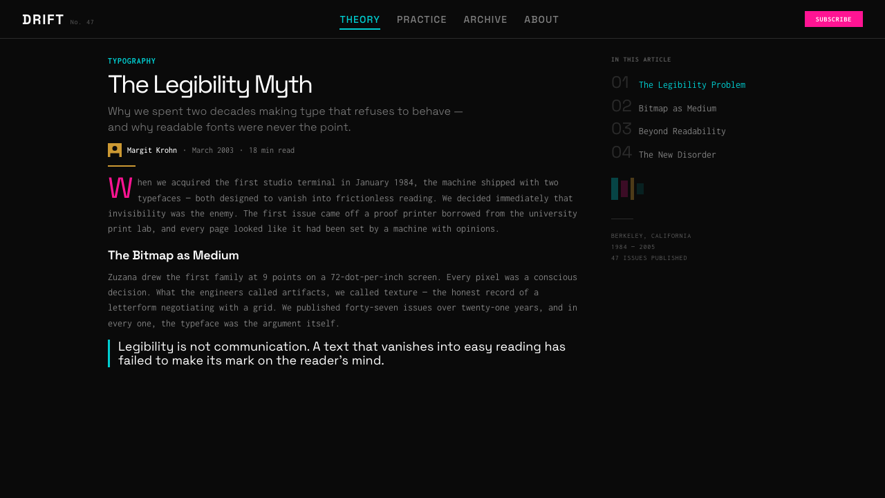 Emigre Magazine (1984–2005) design style applied to a Article page