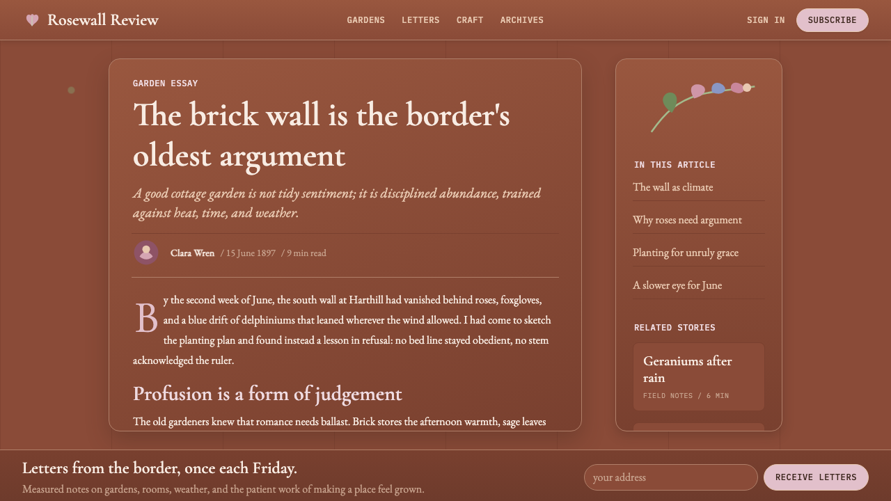 English Cottage Garden design style applied to a Article page