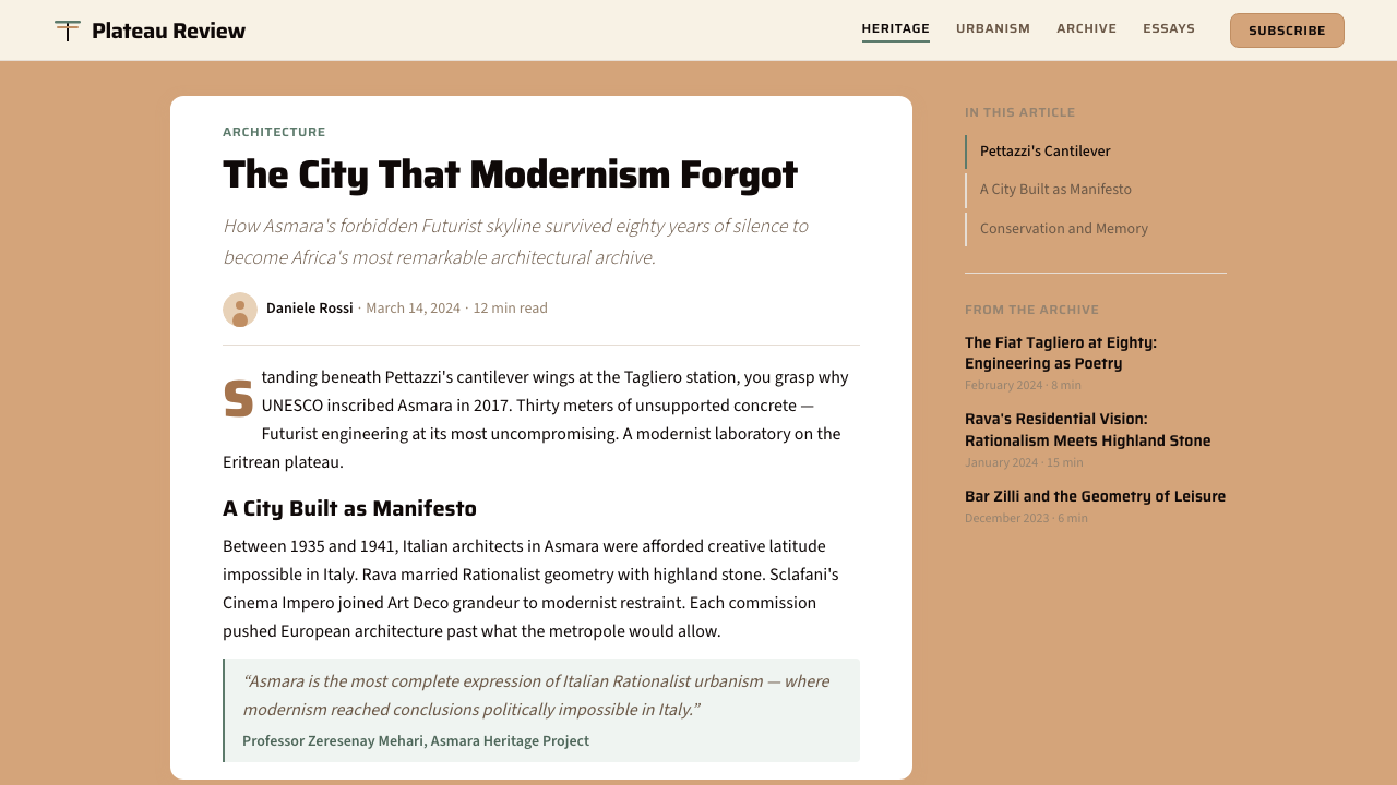Eritrean Asmara Italian Modernism design style applied to a Article page