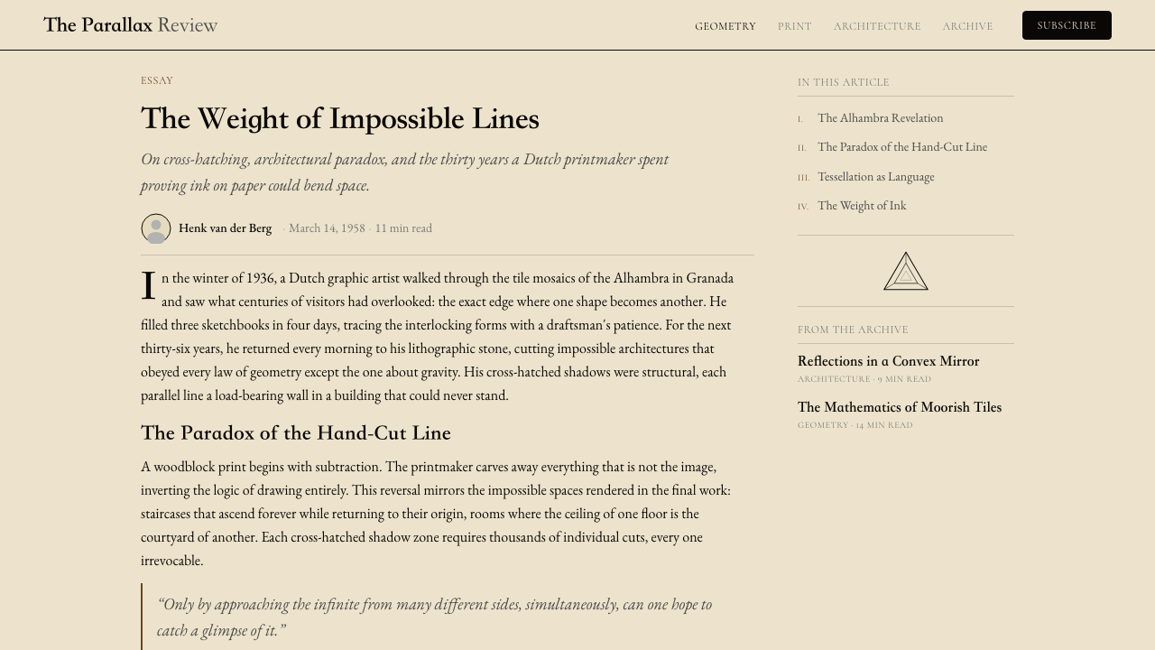 M.C. Escher Impossible design style applied to a Article page