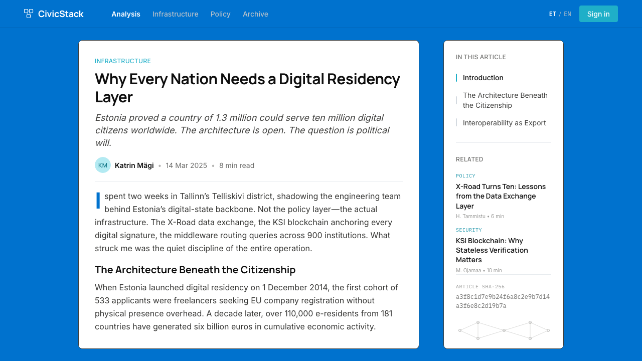 Estonia e-Residency Digital (2014) design style applied to a Article page