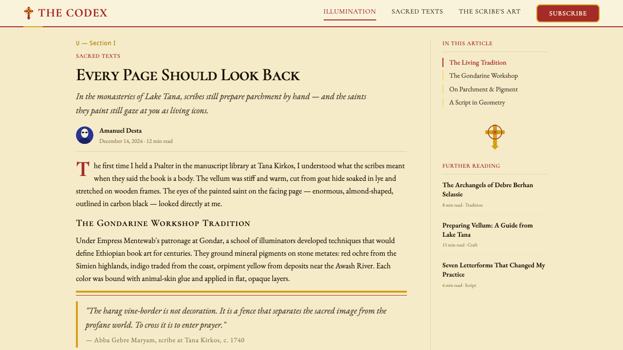 Ethiopian Orthodox Manuscript design style applied to a Article page