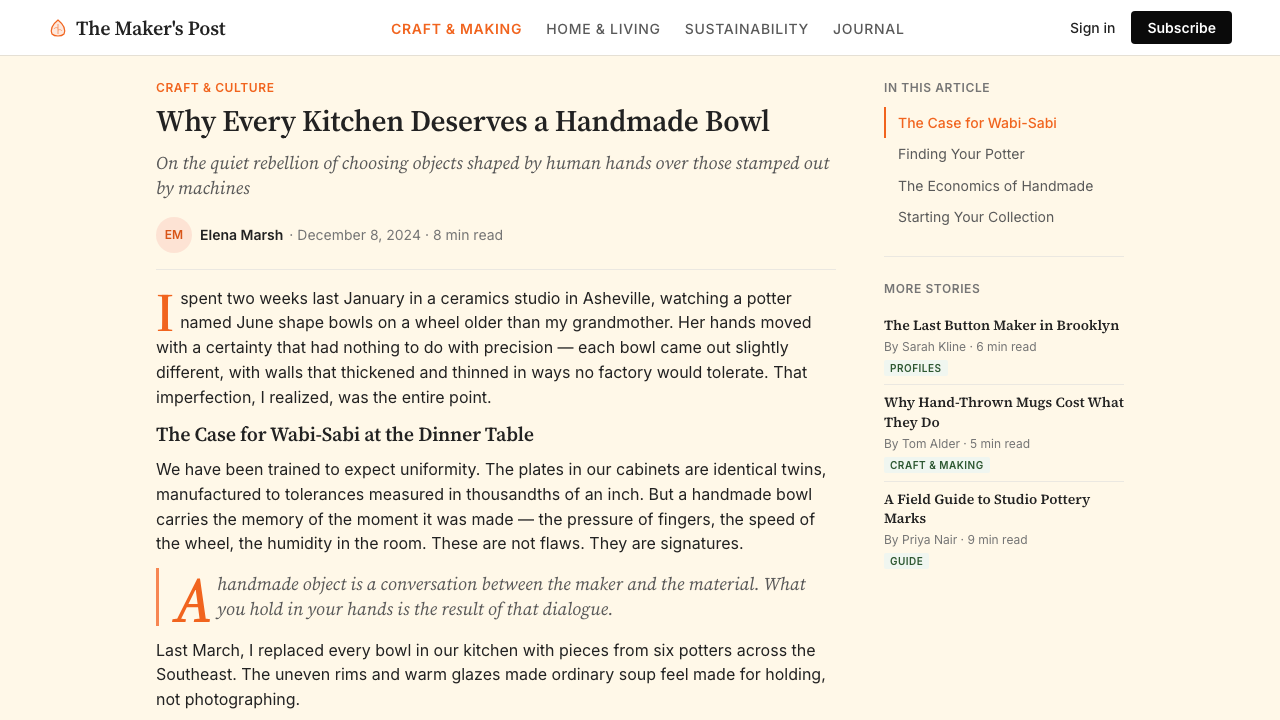 Etsy Handmade design style applied to a Article page
