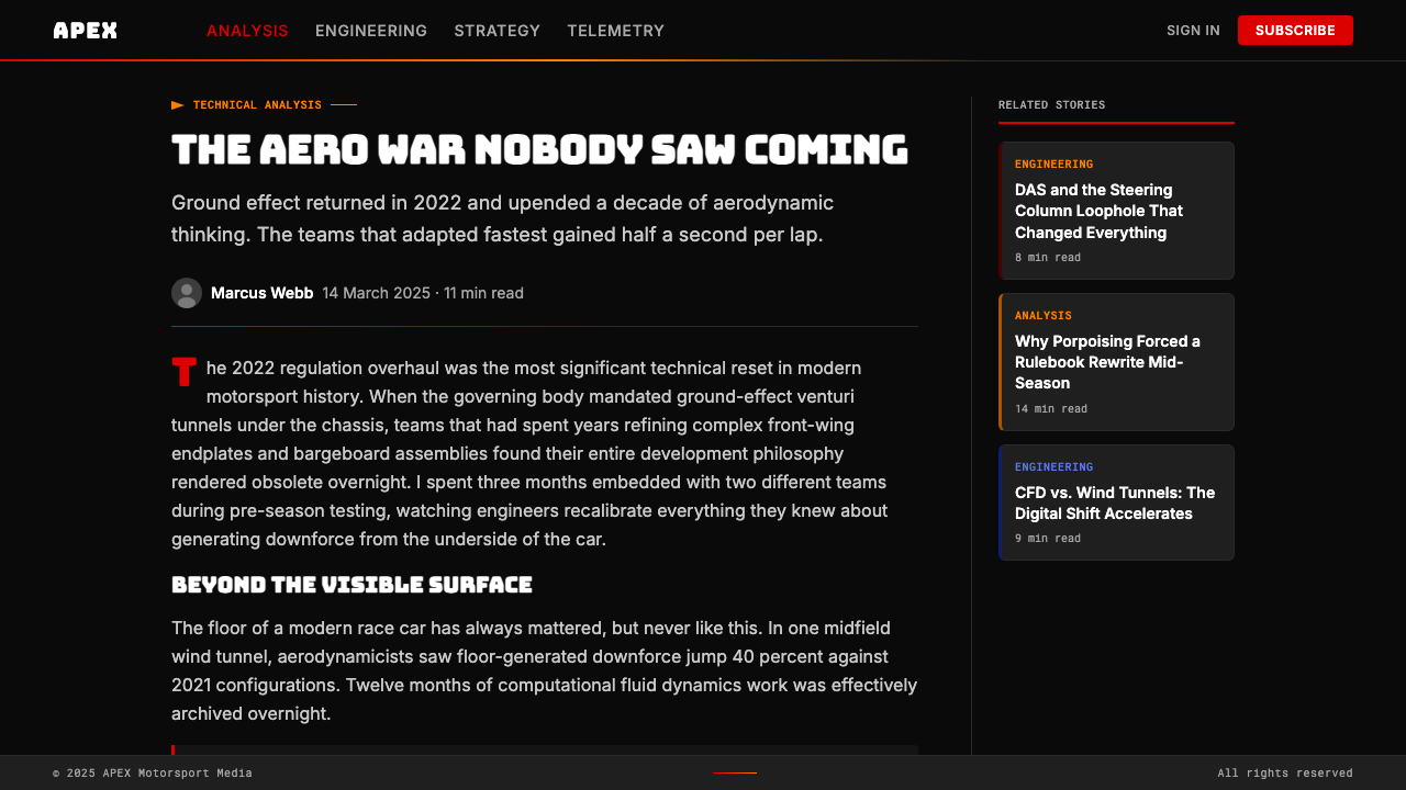 F1 Formula One Livery design style applied to a Article page