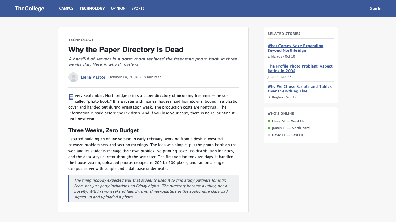 Facebook 2004 design style applied to a Article page