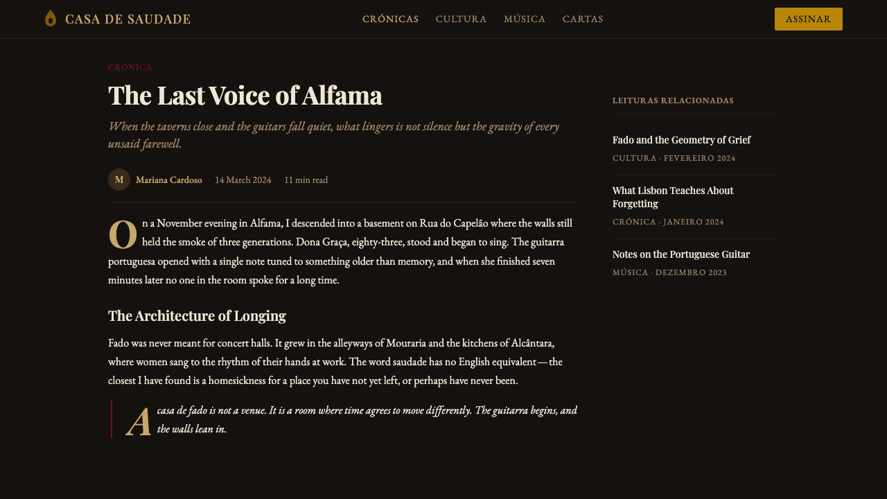 Fado Saudade design style applied to a Article page
