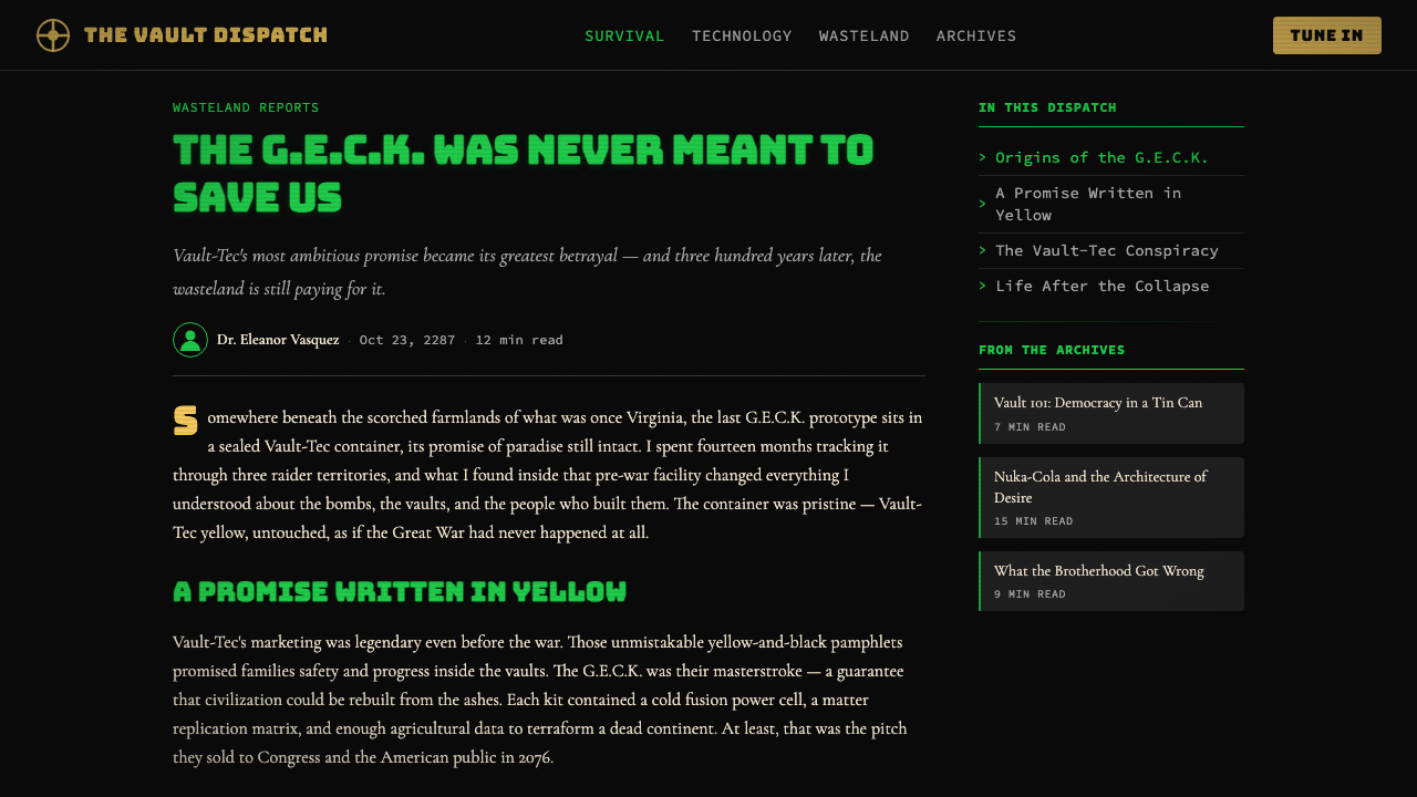 Fallout Vault-Tec Pip-Boy design style applied to a Article page
