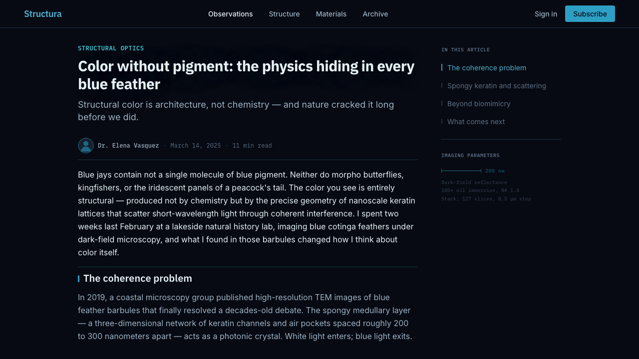 Feather Microscopy design style applied to a Article page