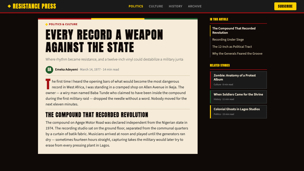 Fela Kuti Afrobeat Album (1976) design style applied to a Article page
