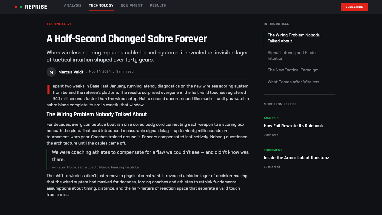 Fencing Piste design style applied to a Article page