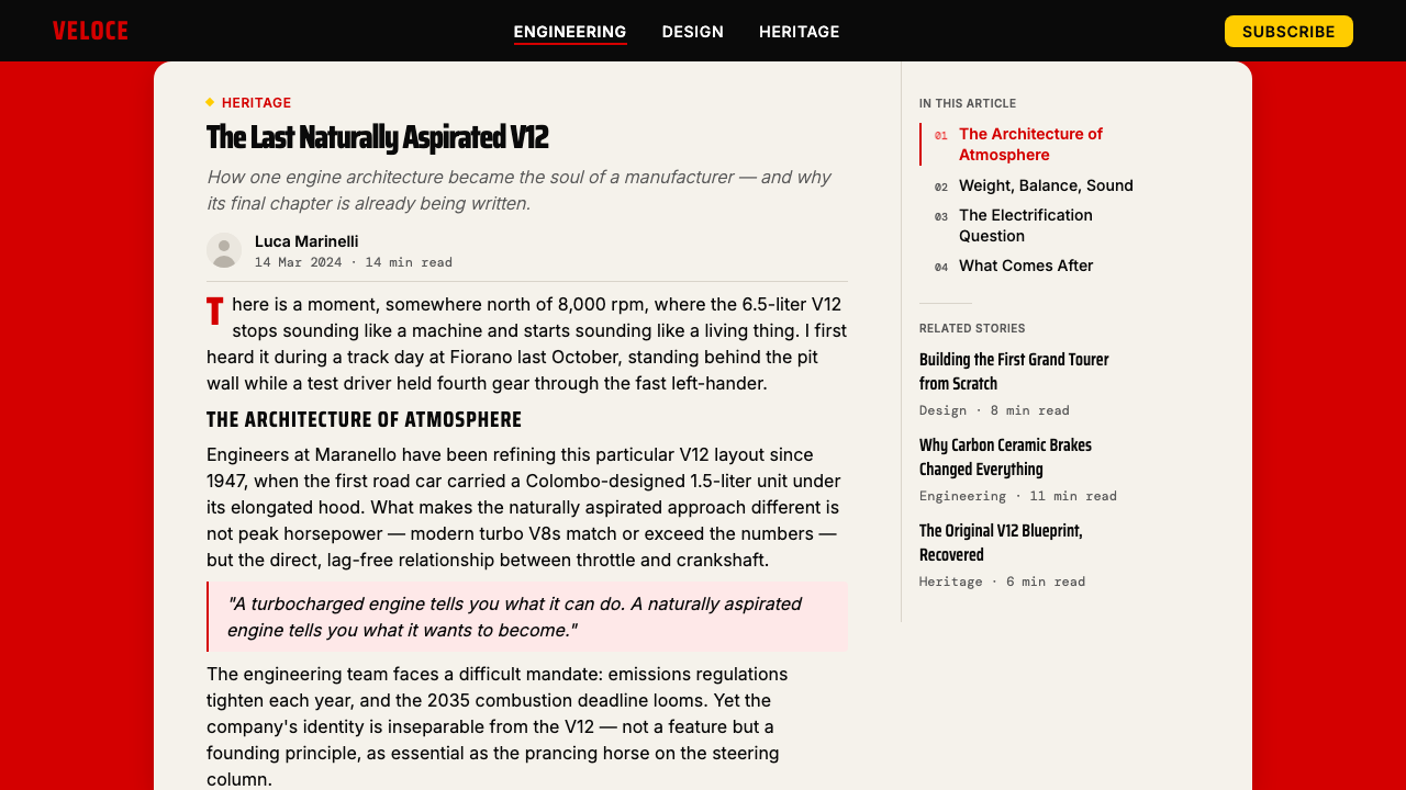 Ferrari Rosso Corsa (1947) design style applied to a Article page