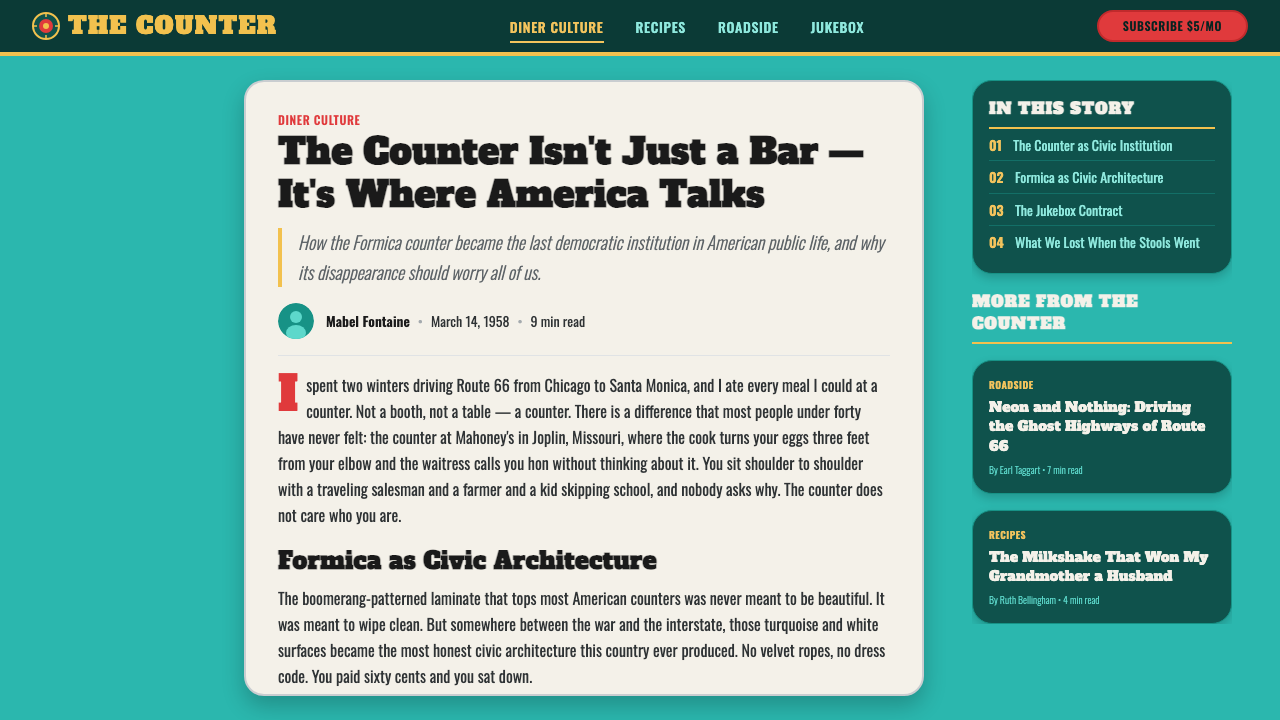 1950s Diner Aqua design style applied to a Article page