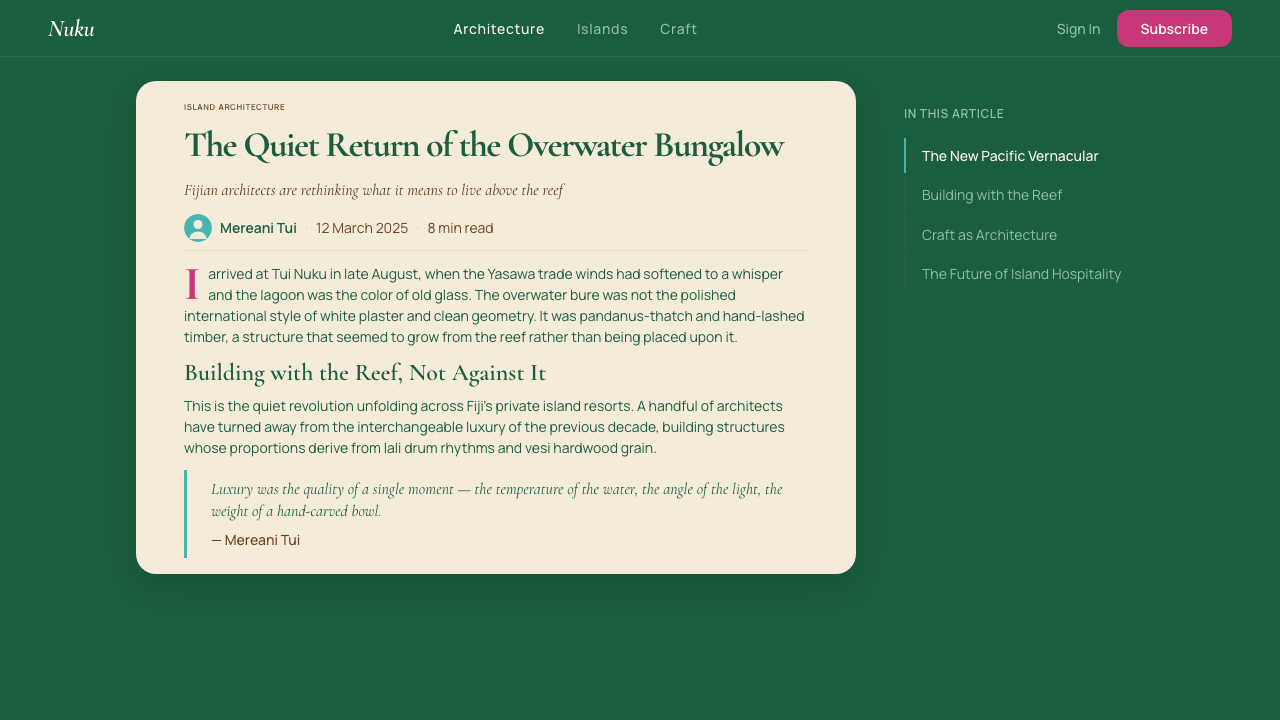 Fiji Tropical Resort Luxe Modern design style applied to a Article page