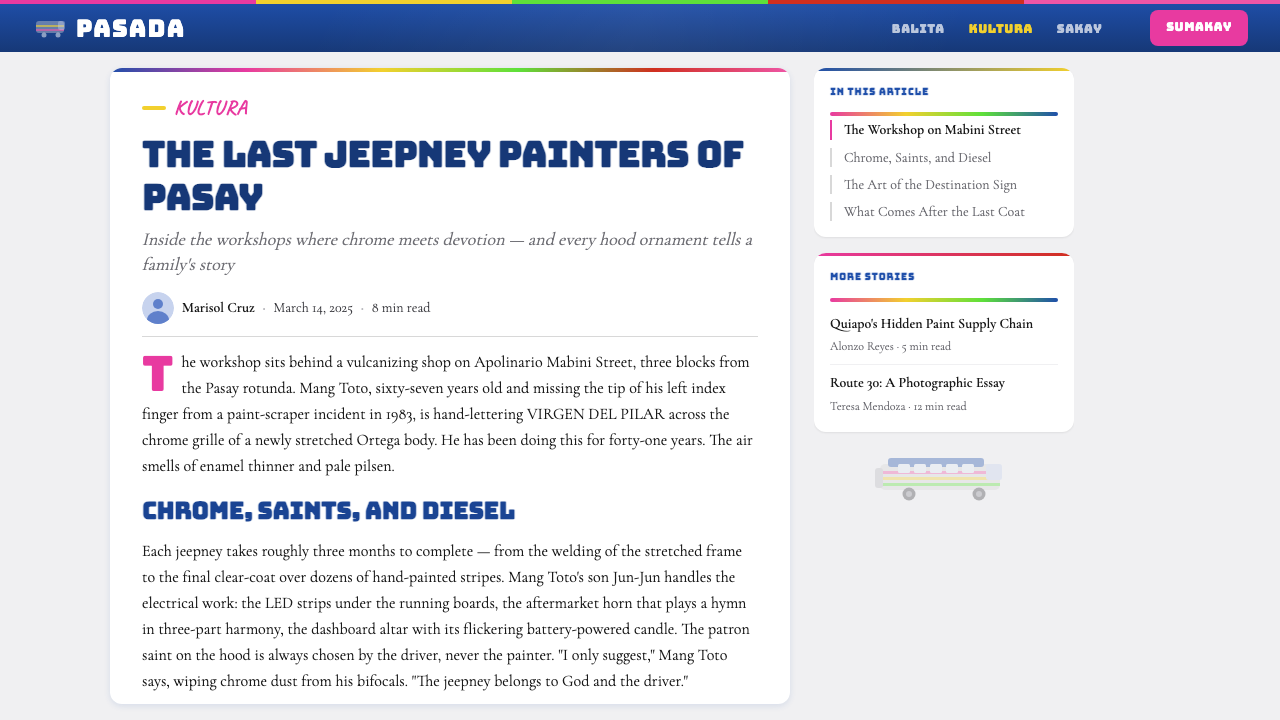 Filipino Jeepney design style applied to a Article page