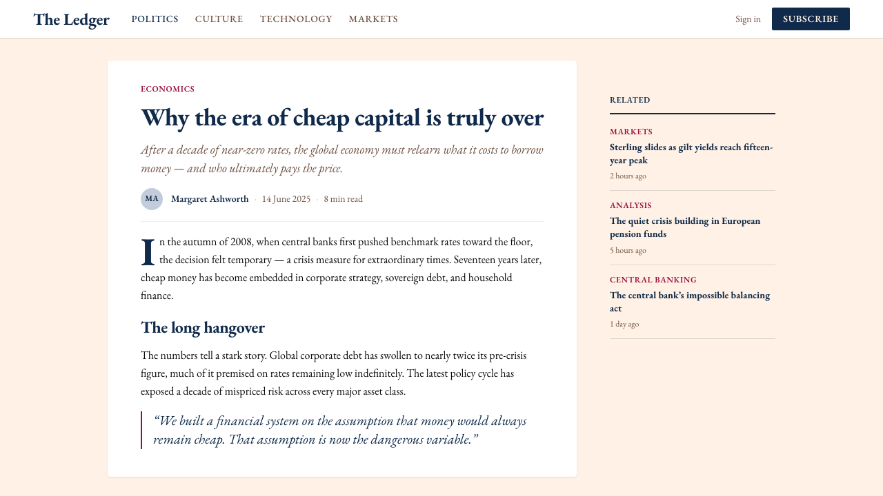 Financial Times (Pink Paper) design style applied to a Article page
