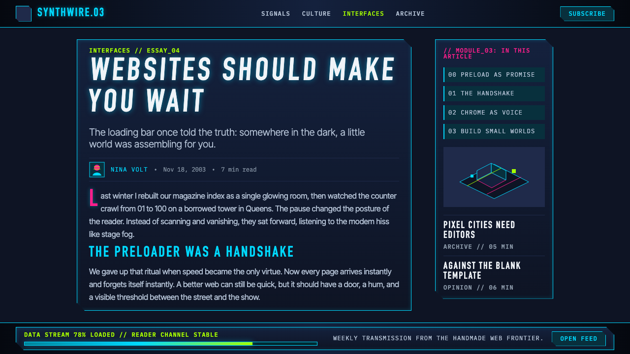 Flash Website Era (2003) design style applied to a Article page